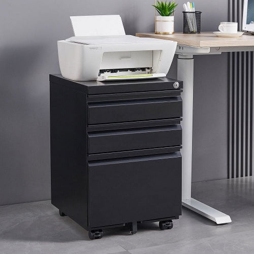 Marcree 3 Drawer Mobile File Cabinet with Lock, Under Desk Metal Filing Cabinet for Home Office/Legal/Letter/A4 File, Office File Cabinet with Wheel, Black