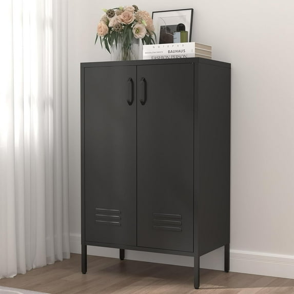 Marcree Metal Accent Cabinet with Adjustable Shelves, Freestanding Storage Cabinet with Doors, Black