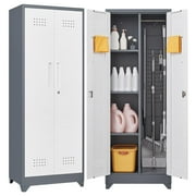 Marcree 65" H Metal Garage Storage Cabinet, Steel Broom Storage Cabinet with Doors and Shelves,Locking Tool Storage Cabinet for Cleaning,Bathroom,Kitchen Grey&White