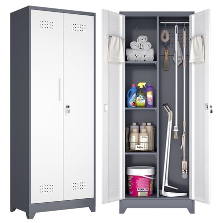 Marcree 65" H Metal Garage Storage Cabinet, Steel Broom Storage Cabinet with Doors and Shelves,Locking Tool Storage Cabinet for Cleaning,Bathroom,Kitchen Grey&White