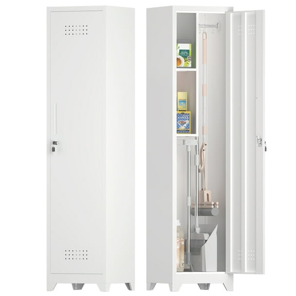 Marcree 65" H Mop Closet Cabinet,Slim Pantry Cabinet with Single Door,Utility Storage Cabinet,Bathroom Cabinet with 3 Adjustable Shelves,White