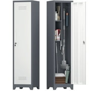 Marcree 65" H Mop Closet Storage Cabinet,Pantry Cabinet, Utility Tool Cabinet with Single Door,Metal Bathroom Cabinet,Grey-White