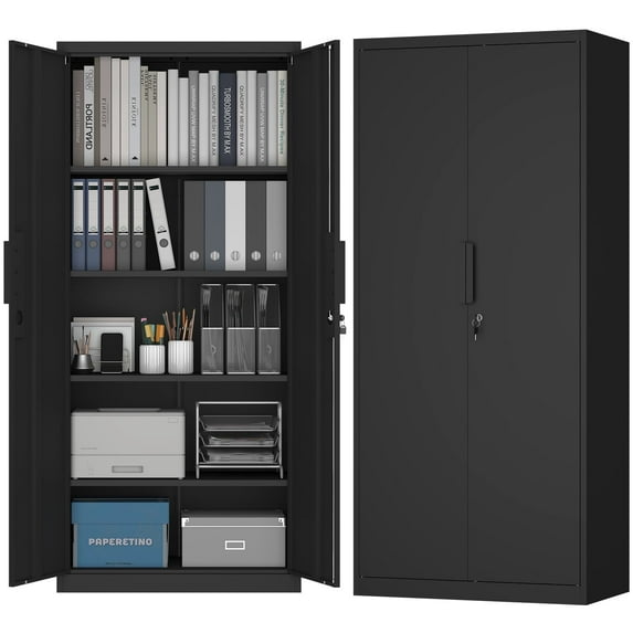 Marcree 71''H Metal Storage Cabinet, Locking Black Steel Cabinet with Doors and Shelves, Metal Cabinets for Garage, Kitchen Pantry,Tall File Cabinet for Home Office