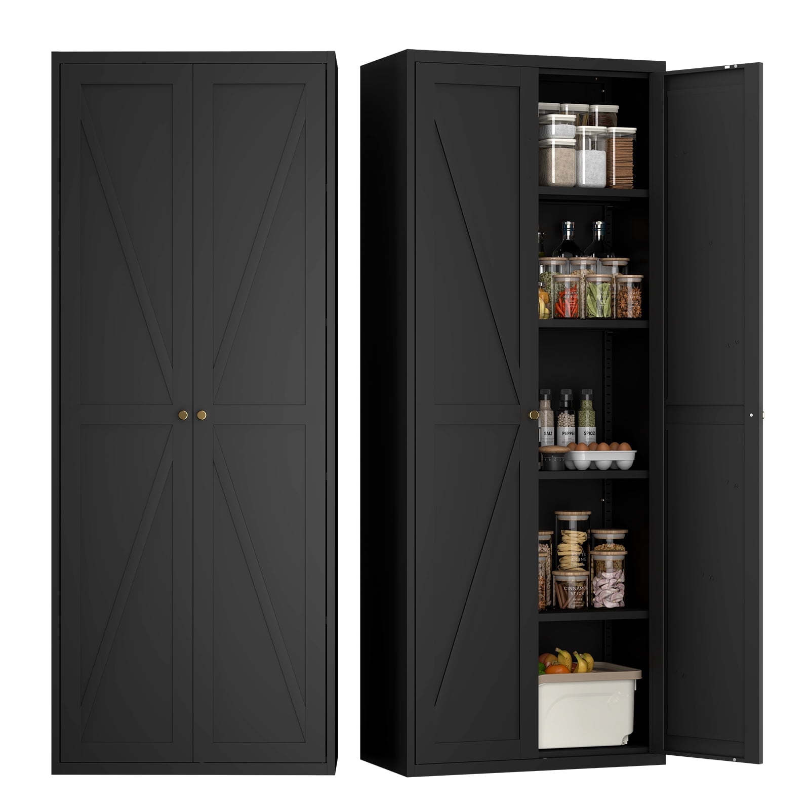 Marcree 71" Metal Storage Cabinet with 2 Doors and 4 Adjustable Shelves, Black Kitchen Pantry Storage Cabinet, 5-Tier Tall Steel Cabinet Locker for Kitchen, Living Room, Dining Room