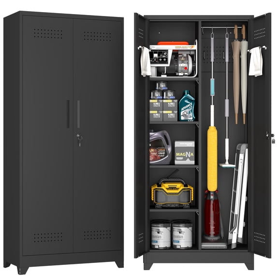 Marcree 72.8" H Metal Broom Closet Storage Cabinet, Garage Storage Cabinet with Pegboard & Hanging Rod Hooks for Garage Home, Black
