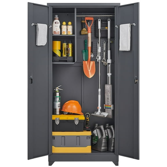 Marcree 72.8" Outdoor Broom Storage Cabinet, Metal Storage Cabinets for Cleaning Supplies with Slanted Roof, Utility Closet, Waterproof Outdoor Narrow Storage Shed, Broom Mop Storage Cabinet, Grey