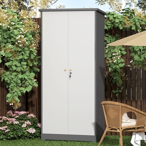 Marcree 72.8" Outdoor Broom Storage Cabinet, Metal Storage Cabinets for Cleaning Supplies with Slanted Roof, Waterproof Outdoor Slim Storage Shed,Utility Closet, Broom Mop Storage Cabinet, Grey&White