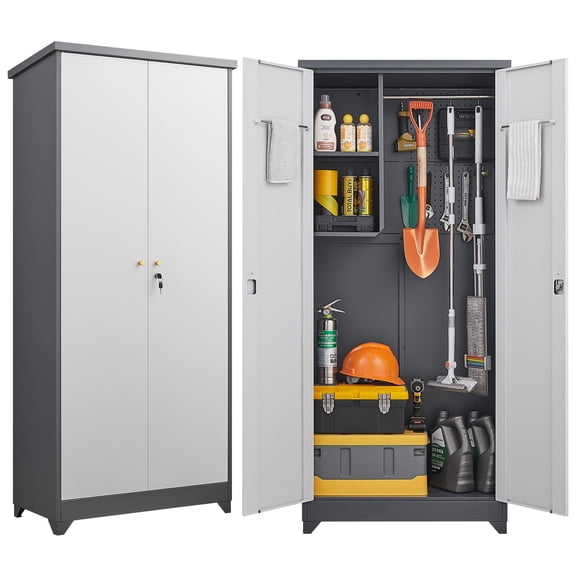 Marcree 73''H Outdoor Waterproof Storage Cabinet, Utility Closet, Garden Tool Organizer Sheds with Lock Doors and Shelves, Locking Cabinets for Backyard, Patio(GreyWhite)