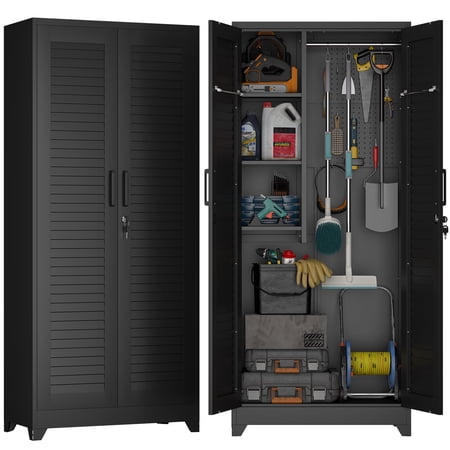 Marcree 73" Broom Closet Storage Cabinet, Metal Garage Storage Cabinet with 2 Doors & Pegboard, Utility Cabinet with Hanging Rod, Tool Cabinet for Garage, Laundry Room, Home Office