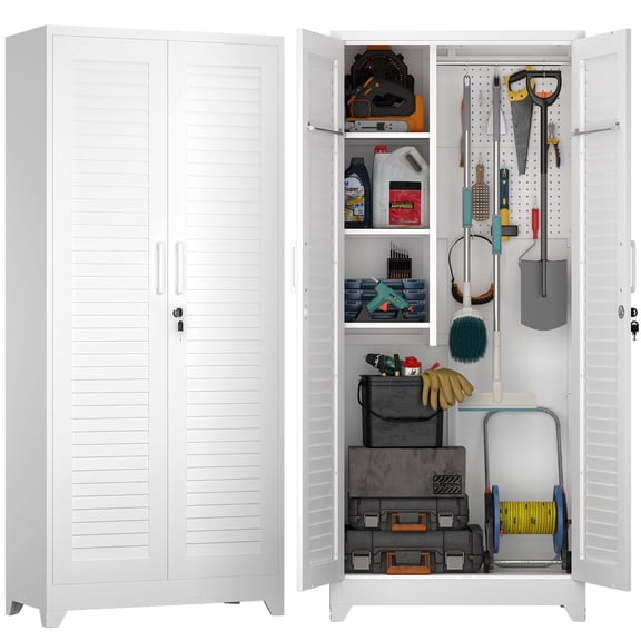 Marcree 73" Metal Storage Cabinet with Lockable Doors, Functional Garage Storage Cabinets, Heavy-Duty Tool Organization Cabinet with Hanging Rod & S-Hooks, White