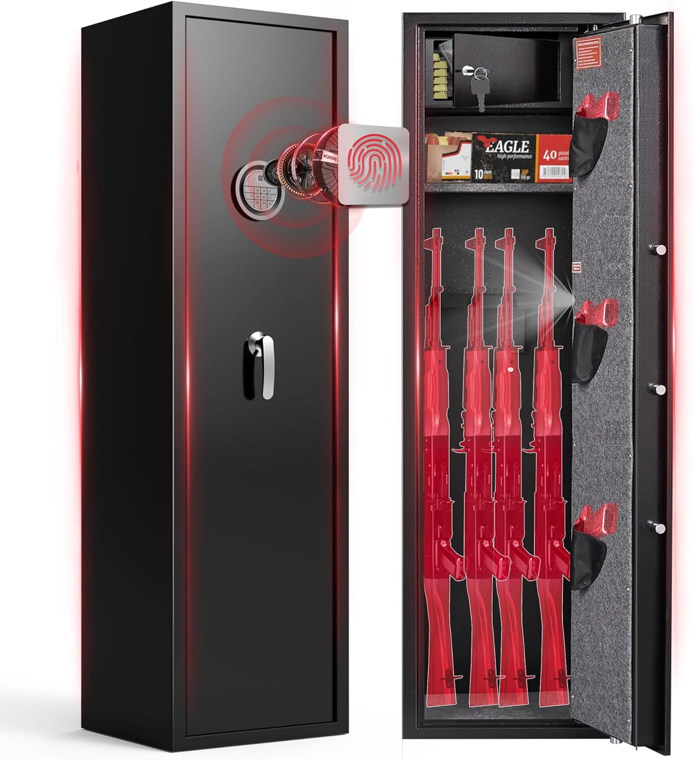 Marcree Biometric Fingerprint Gun Safe for Rifles, 6-8 Gun Cabinet with Key Inner Cabinet, Fingerprint & Digital Keypad  Cabinet, Gun Safe for Rifles and Pistols, Pistol Pocket, Silent Mode