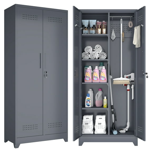 Marcree Broom Closet with Locking Doors,72.8’’H Cleaning Tool Storage Cabinet with Hanging Rod & Hooks,Heavy-Duty Tool Garage Storage Cabinet for Utility Room,Grey