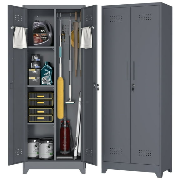 Marcree Broom Closet Storage Cabinet with Lock,65" Tall Garage Storage Cabinet with Hanging Rod,Multifunctional Garage Storage Broom Closet with Doors,Cleaning Tool Cabinet
