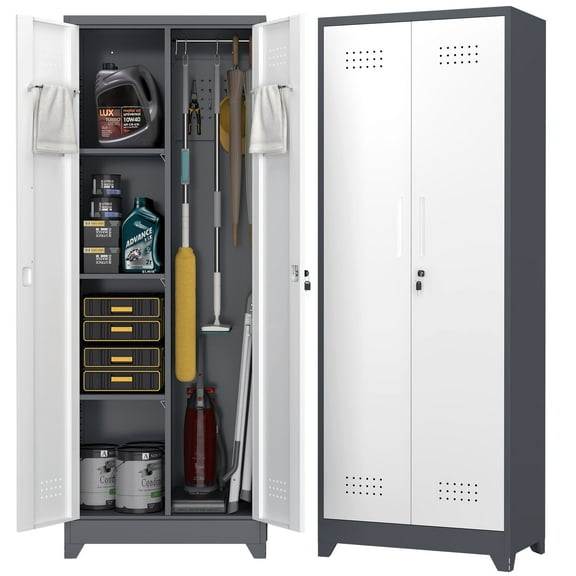 Marcree Broom Closet Storage Cabinet with Lock,65" Tall Garage Storage Cabinet with Hanging Rod,Multifunctional Garage Storage Broom Closet with Doors,Cleaning Tool Cabinet