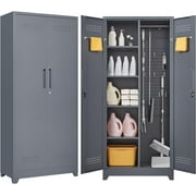Marcree Broom Storage Cabinet with Locking Doors and Shelves,72.8" H Metal Storage Cabinet with Hanging Rod & S-Hooks,Cleaning Tool Storage Cabinet Grey