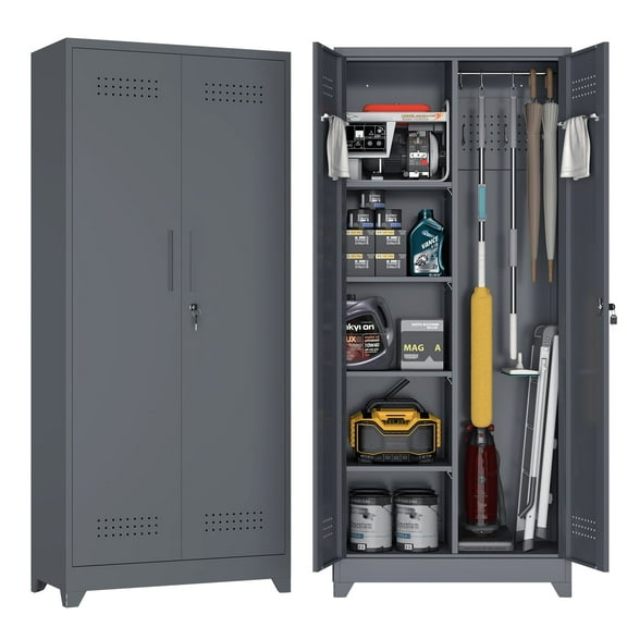 Marcree Broom Storage Cabinet with Locking Doors and Shelves,72.8" H Metal Storage Cabinet with Hanging Rod & S-Hooks,Cleaning Tool Storage Cabinet Grey