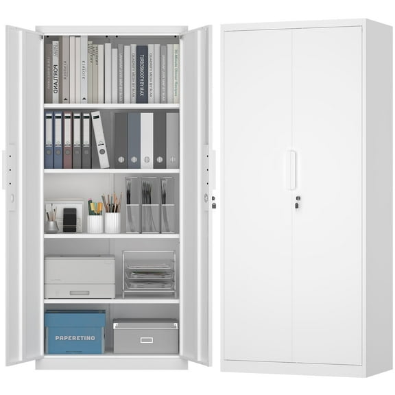Marcree 71''H Metal Storage Cabinet for Garage, White Steel Cabinet with Doors and 4 Shelves,Tool Organizer for Garage Systems Storage Lockable File Storage for Home Office, Classroom