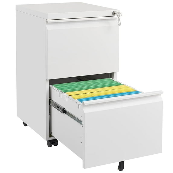 Marcree Filing Cabinet 2 Drawer,Metal Filing Cabinet with Lock,Under Desk Storage Cabinet with Wheels,Rolling File Cabinet for Legal/Letter File,White