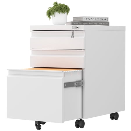 Marcree Filing Cabinets, Mobile File Cabinet with Lock for Home Office, 3 Drawer Filing Cabinet for A4/Letter/Legal Size Folder, Metal Vertical White Filing Cabnet on Wheels, Fully Assembled