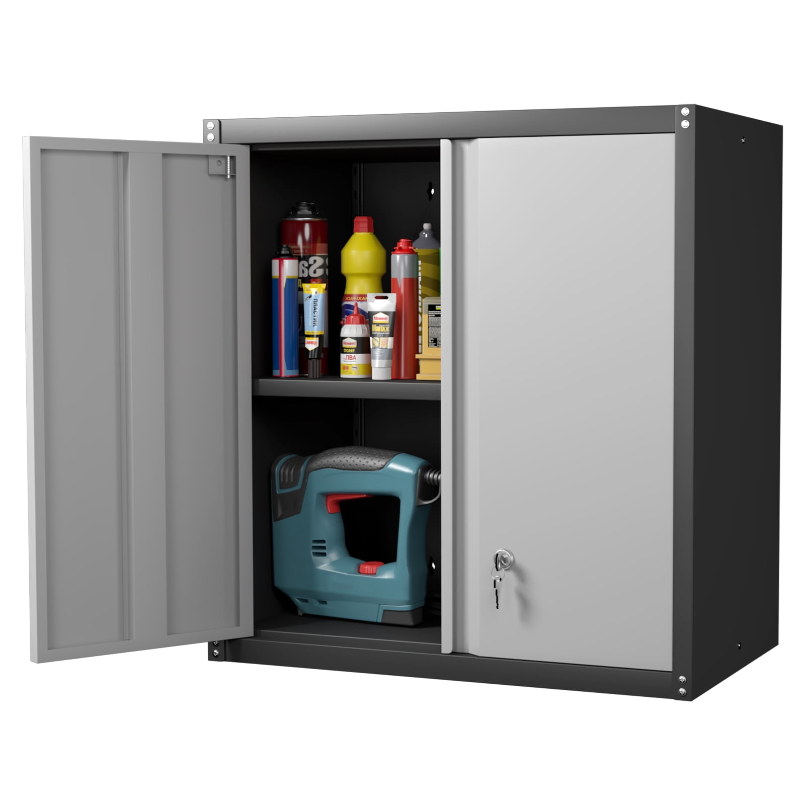 Marcree Metal Garage Wall Cabinet, 28" Wall Mount Storage Cabinets with Locking Doors and Shelf, Metal Small Storage Cabinets for Garage, Laundry Room, Kitchen, Pantry