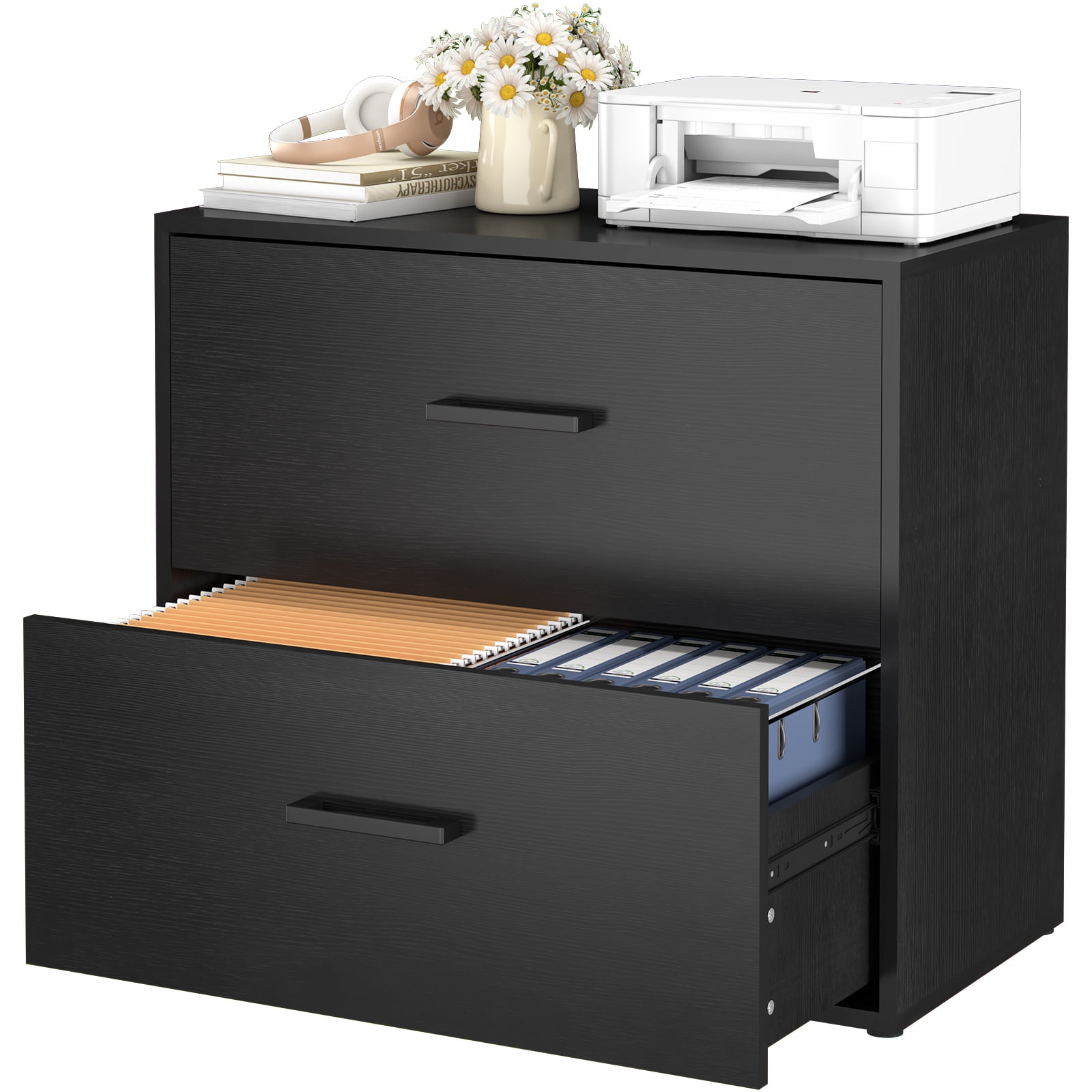 Marcree Lateral File Cabinet, Wood Black File Cabinet with Hanging Bars for Letters, Horizontal File Cabinets for Home Office, Black