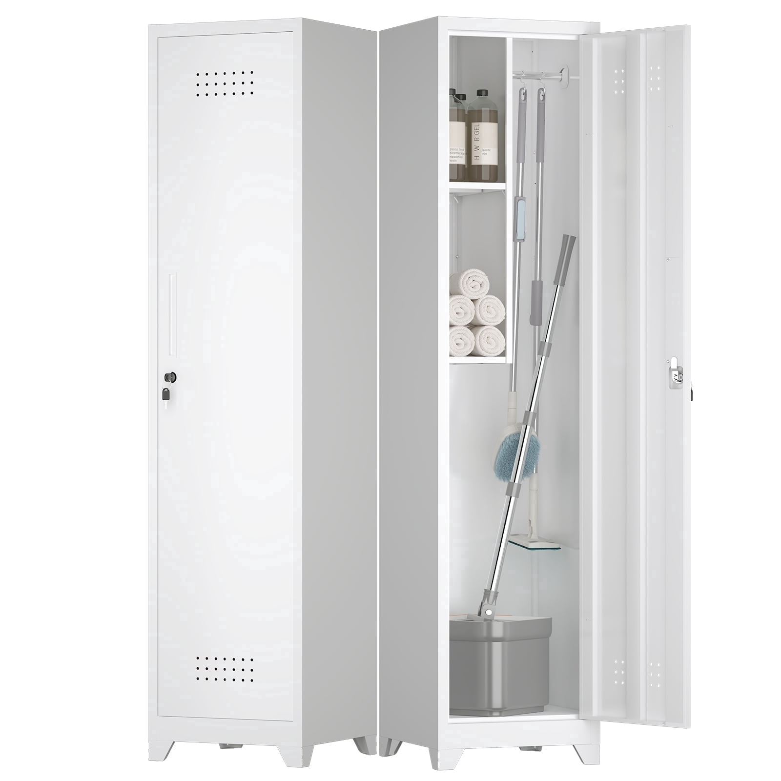 Marcree Metal Broom Storage Cabinet, 65" Narrow Broom Cabinet with Hooks, Slim Bathroom Storage Cabinet with Shelves, Heavy-Duty Cleaning Storage Cabinet for Utility Room, Gym, Office, Garage