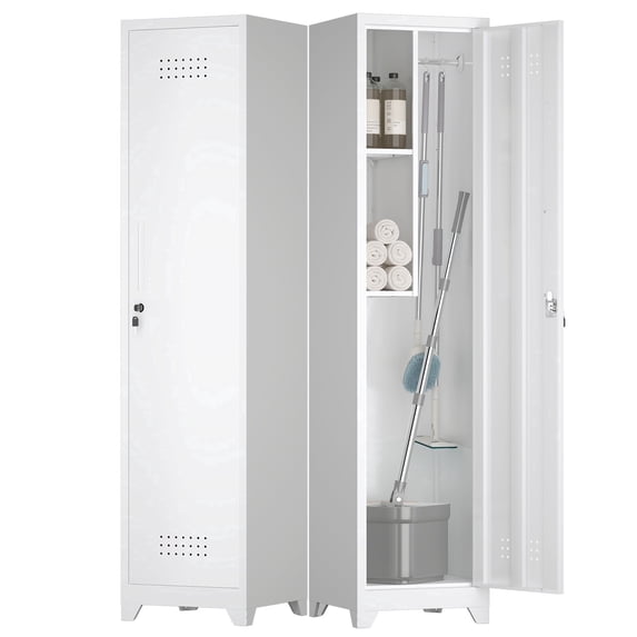 Marcree Metal Broom Storage Cabinet, 65" Narrow Broom Cabinet with Hooks, Slim Bathroom Storage Cabinet with Shelves, Heavy-Duty Cleaning Storage Cabinet for Utility Room, Gym, Office, Garage