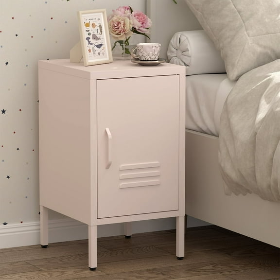 Marcree Metal Cabinet, Locker Nightstand with Shelf, Metal Storage Locker, Steel Bedside Storage Cabinets for Living Room Bedroom, Pink