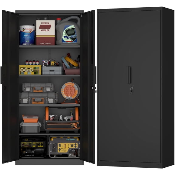 Marcree Metal Garage Storage Cabinet with 2 Doors and Adjustable Shelves - 71" Steel Lockable File Cabinet,Locking Tool Cabinets for Office,Home,Garage,Gym,School (Black)