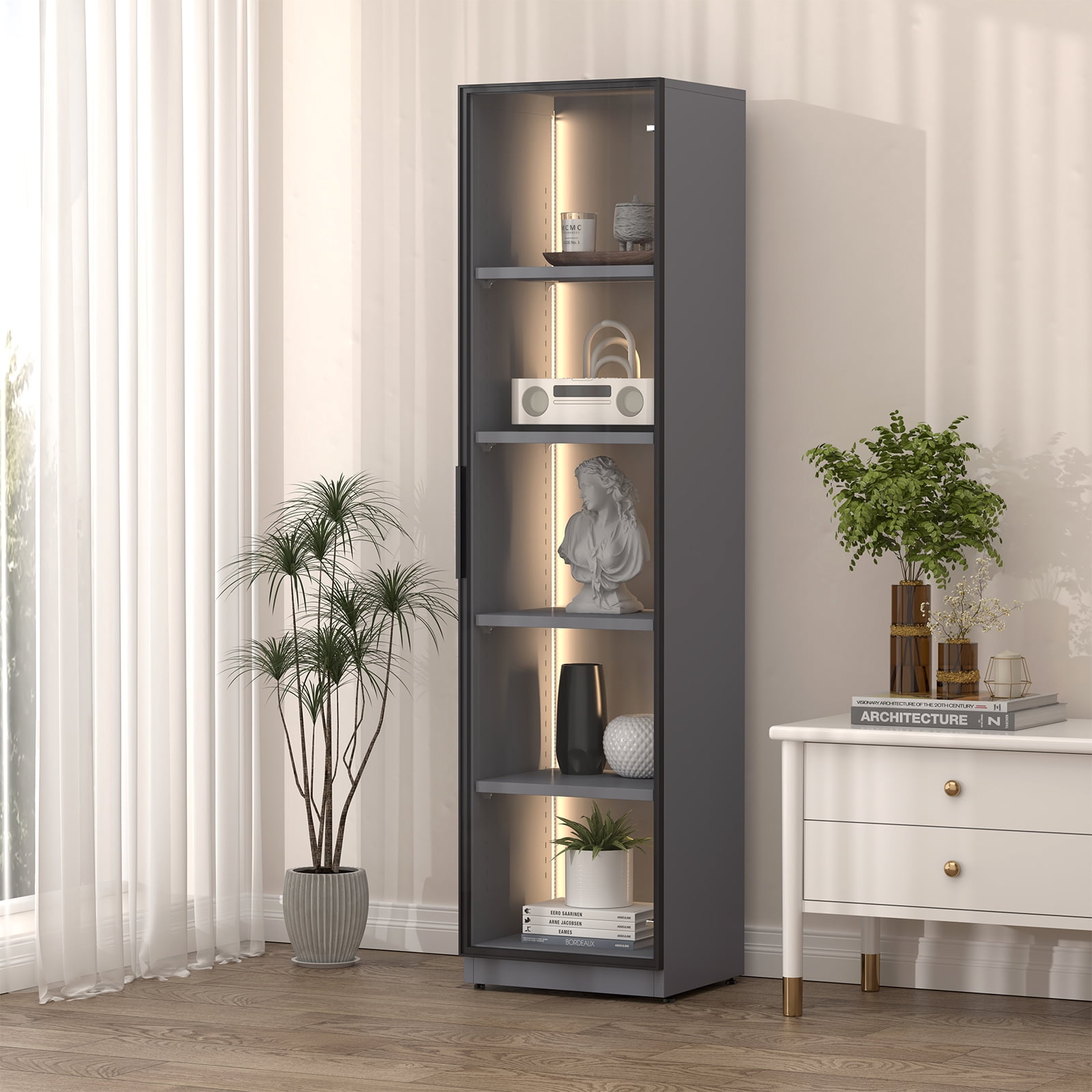 Marcree Metal Glass Display Cabinet with Adjustable 4 Shelves, Single Glass Cabinet with LED Light, Curio Cabinets Lego Display Case for Living Room Bedroom Office - Dark Grey