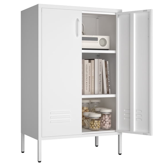 Marcree Metal Locker Cabinet, Metal Locker Storage Cabinet with 2 Doors and 2 Adjustable Shelves, Black Accent Storage Cabinet with Adjustable Foot for Kitchen, Living Room, Bedroom, Office, White