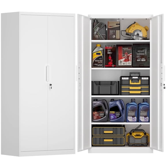 Marcree Metal Garage Storage Cabinets with Lock, 72" H White Storage Cabinet with Doors and Adjustable Shelves, Lockable File Cabinet, Steel Tool Cabinets for Home, Office, Garage, Shop, School