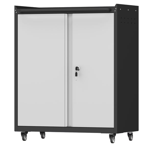 Marcree Metal Garage Cabinets on Wheels, Lockable Garage Storage Cabinet with 2 Doors and Adjustable Shelf, Steel Mobile Storage Cabinets, Utility Cabinet for Garage, Home Office, Gray & Black
