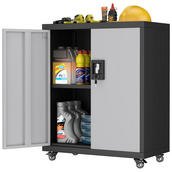Marcree Metal Tool Cabinet on Wheels, Lockable Garage Storage Cabinet with 2 Doors and Adjustable Shelf, Steel Mobile Storage Cabinets, Utility Cabinet for Garage, Home Office, Gray & Black