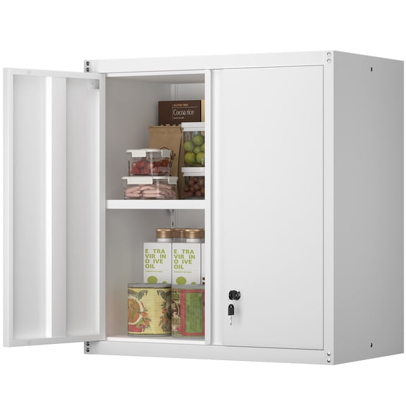 Marcree Metal Wall Cabinet with Lock, 28” Garage Wall Mount Metal Storage Cabinets with 1 Adjustable Shelf ,Garage Tool Cabinet Upper for Office and Home,Disassemble,White