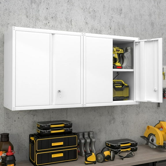 Marcree Metal Wall Cabinet with Lock, 28” Garage Wall Mount Metal Storage Cabinets with 1 Adjustable Shelf ,Garage Tool Cabinet Upper for Office and Home,Disassemble,White