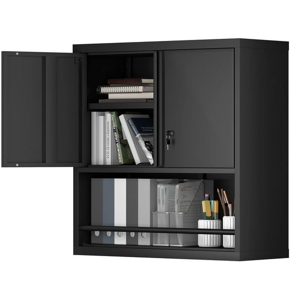Marcree Locking Cabinet, Black Wall Storage Cabinet with Shelves, Hanging Cabinets with Open Storage, Small Wall Cabinet, Lockable Tool Cabinet for Basement, School, Office