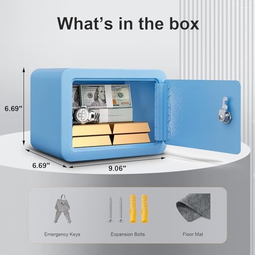 Marcree Mini Safe Box, 0.23 Cub Home Safes for Kids, Steel Money Box with Key Lock, Small Safes for Money Cash Valueables, Stylish Security Safe for Gifts, 6.69 x 9.06 x 6.69 Inches, Blue