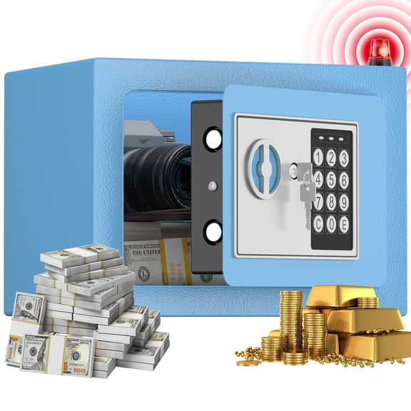 Marcree Money Safe Box for Home with Sensor Light & Fireproof Money Bag - 0.23 Cubic Feet Security Safe Box with Digital Keypad, Keys & Pass Code Lock, 9.05" W x 6.69" D x 6.69" H, Blue