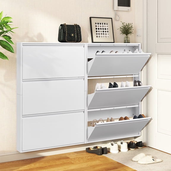 Marcree Shoe Cabinet with 3 Flip Drawers, Metal Entrance Shoe Cabinet Storage for Entryway, Modern Hidden Narrow Shoe Rack Organizer Cabinets Wall Mount for Living Room, Bedroom, Hallway, White