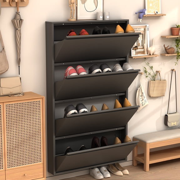 Marcree Shoe Cabinet with 4 Flip Drawers, Metal Entrance Shoe Cabinet Storage for Entryway, Modern Hidden Narrow Shoes Rack Organizer Wall Mount for Living Room, Bedroom, Hallway,Black
