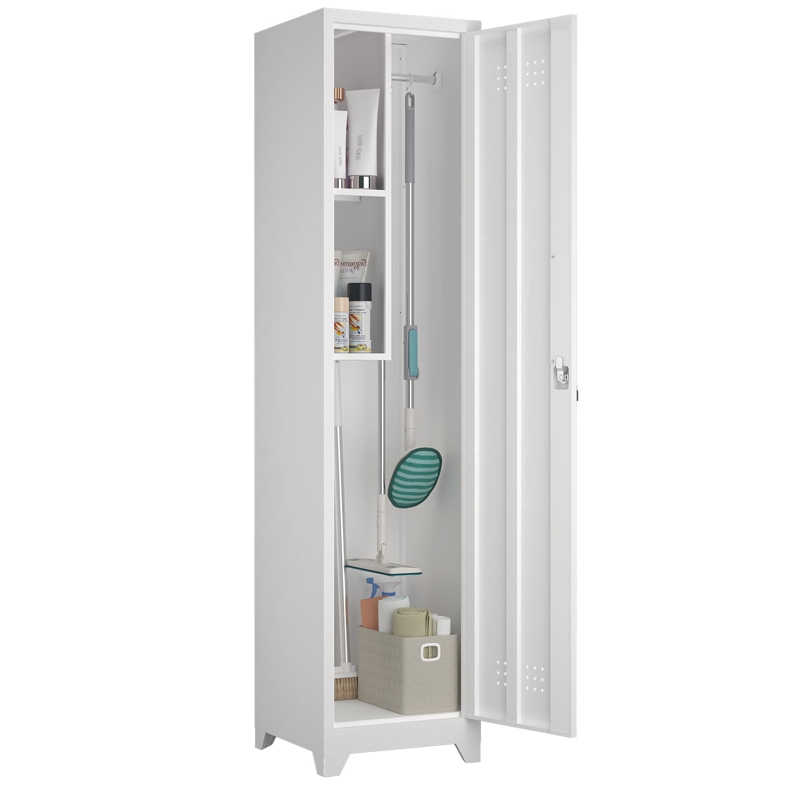 Marcree Slim Broom Storage Cabinet, Metal Cabinet with Shelves and Hanging Rod, 65" Utility Storage Cabinet with Locking Door, Tall Cleaning Storage Cabinet for Kitchen, Pantry, Office, Shop, Garage