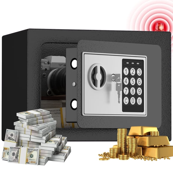 Marcree Small Safe, 0.23 Cubic Lock Box for Keys with Code, Steel Safe with Key, Digital Security Safe, Number Keypad Safe for Money, Jewelry, Wall Safe for Home, Hotel or Business, Black