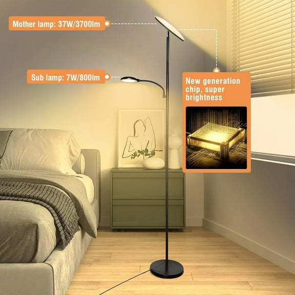 Marctronic 44W/4500LM Super Bright 2 in 1 LED Floor Lamp with Remote, Stepless Dimmable, " Tall Standing Floor Lamp with Bendable Reading Light for Bedroom Office