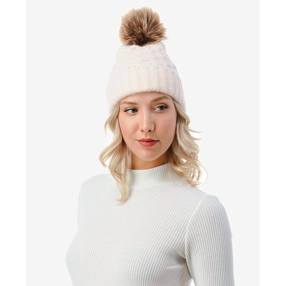 Marcus Adler Women’s Cable Knit Pom Beanie with Cuff – Ivory