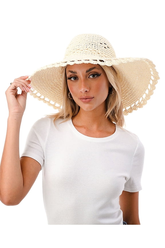 Womens Scalloped Floppy-Brimmed Straw Sun Hat Ivory
