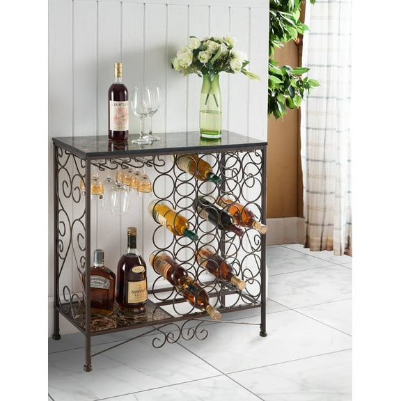 Marcus Bronze & Marble Metal Transitional Wine Rack Organizer Display Stand With Storage Shelf & Cup Holders