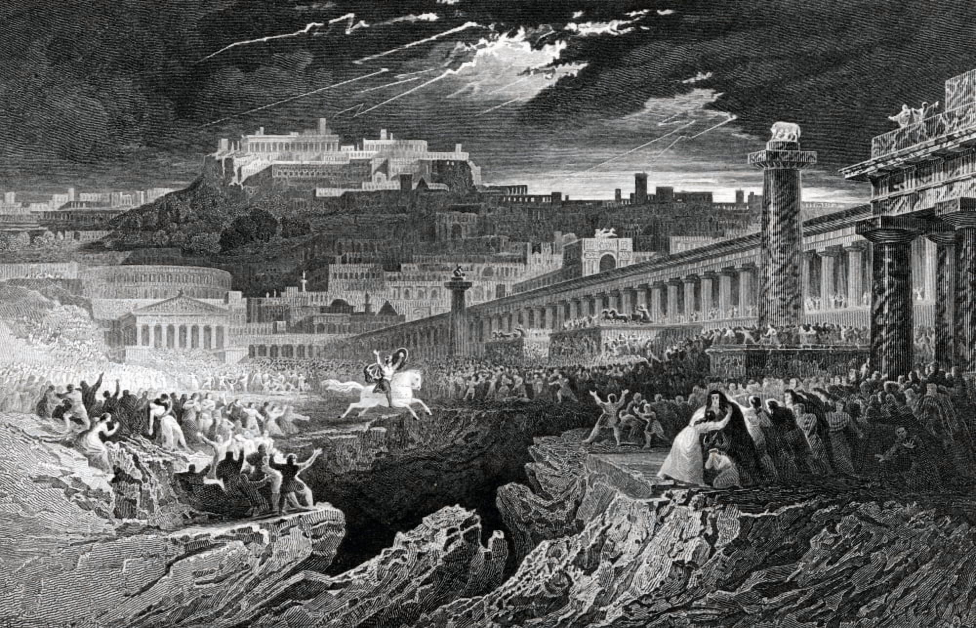 Marcus Curtius Riding Into The Chasm Engraved By H Le Keux After A Painting By J Martin Canvas Art - Ken Welsh Design Pics (18 x 11)