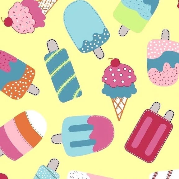 Marcus Fabrics Veedaf Chasing Waves Fabric - Popsicle and Ice Cream Cone Toss Yellow 100% Cotton Fabric sold by the yard