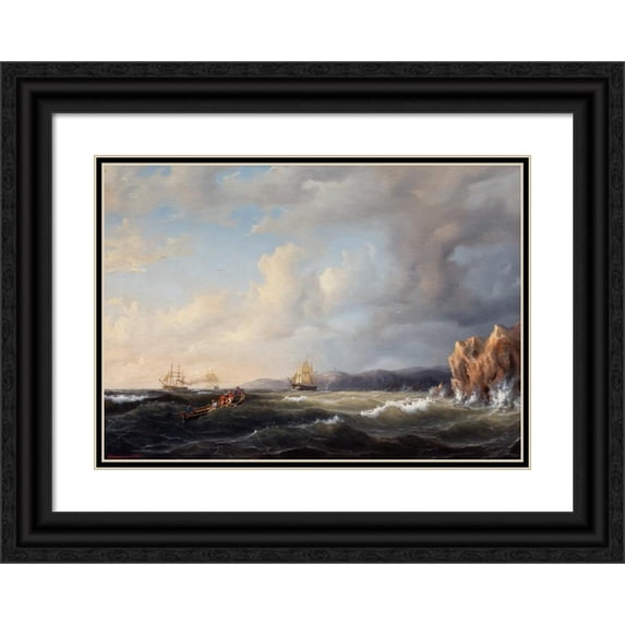 Marcus Larson 14x11 Black Ornate Wood Framed Double Matted Museum Art Print Titled: Bark Beating to Windward at Kullaberg (1849)